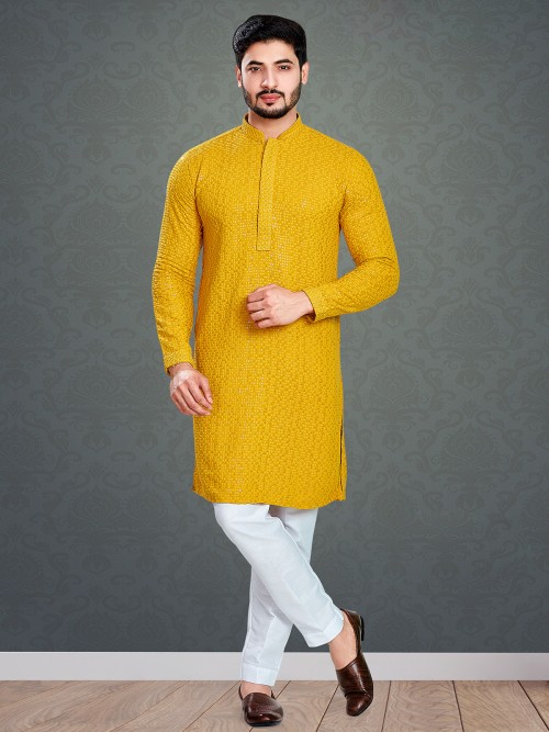 Trendy mustard yellow embroidery kurta suit