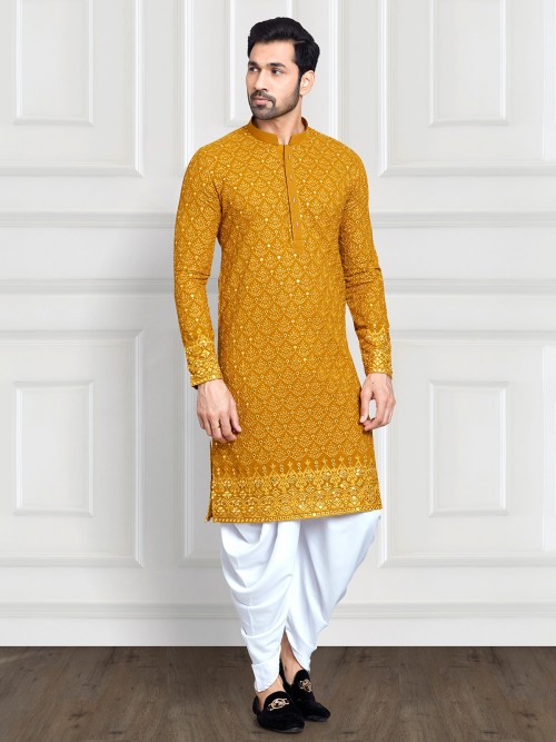 Mustard yellow embroidery kurta suit