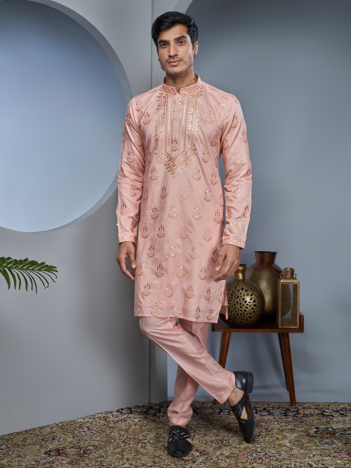 Trendy peach silk kurta suit for festive