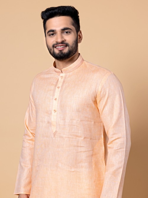 Peach plain linen kurta suit for festive