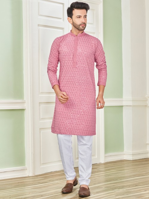 Pink embroidery kurta suit in cotton