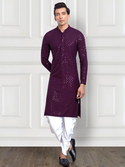 Purple rayon cotton kurta with peshawari dhoti