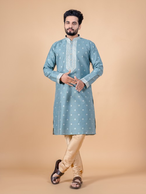 Latest light blue cotton silk kurta suit