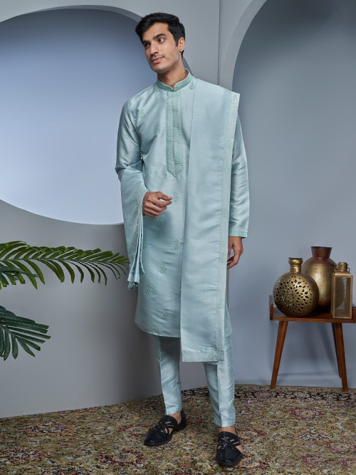 Light blue raw silk kurta suit