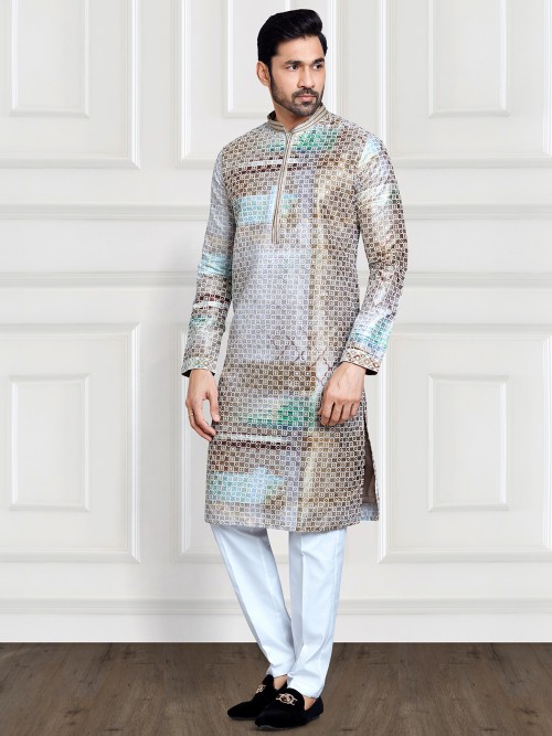 Light grey and brown printed kurta suit