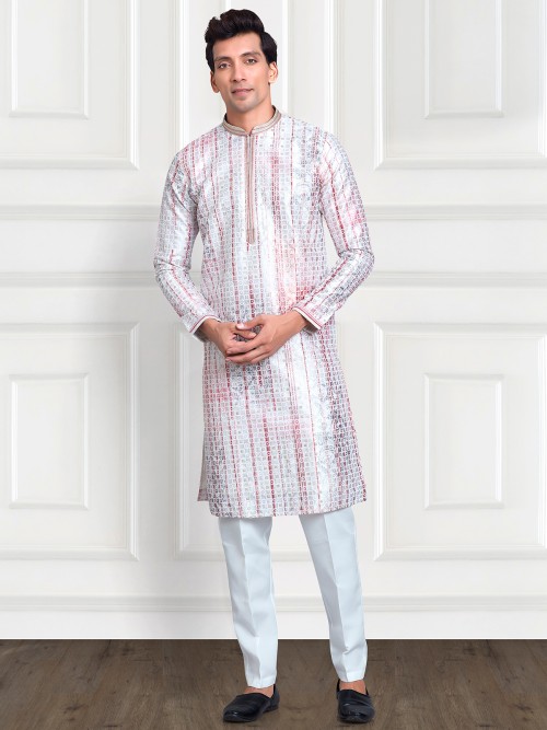 Light grey and maroon printed silk kurta suit