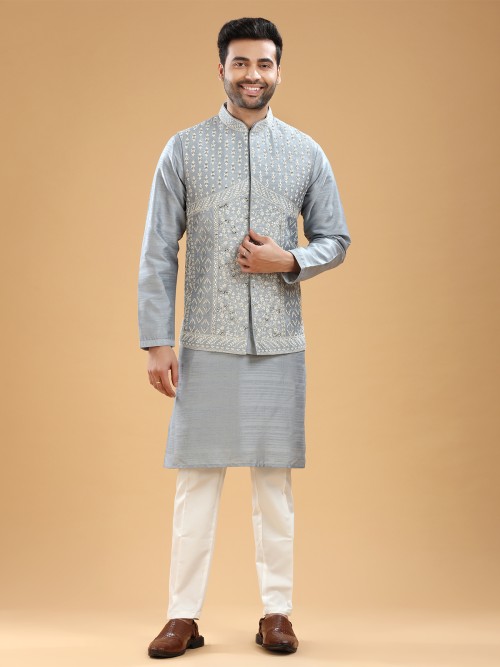 Traditional light grey silk waistcoat set