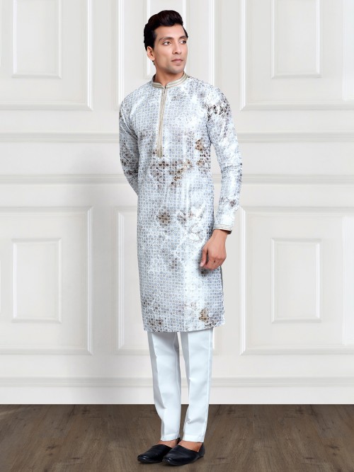 Light grey printed kurta suit in silk