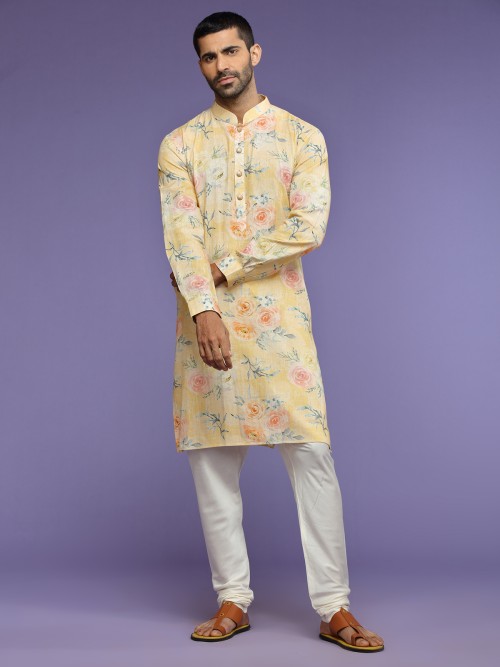 Light yellow printed linen kurta suit