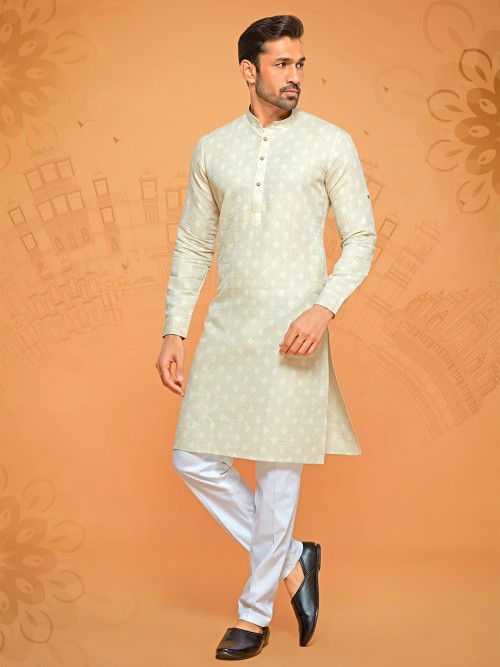 Linen cotton beige printed kurta suit