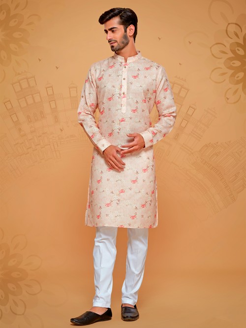 Light peach linen cotton kurta suit in printed