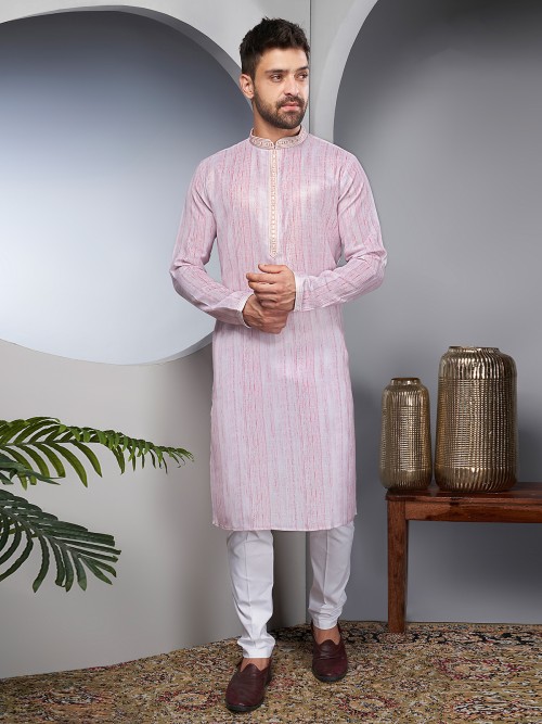 Light pink linen cotton festive kurta suit