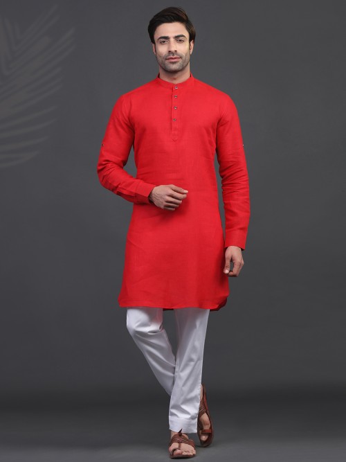 Red linen full sleeve kurta suit