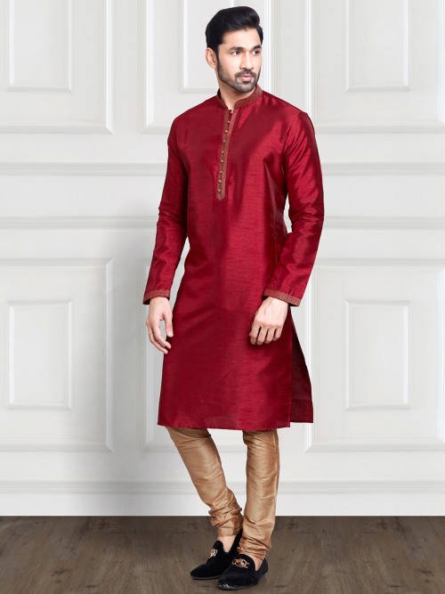 Maroon art silk plain kurta suit