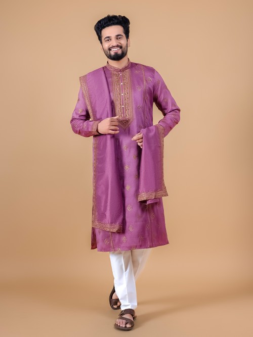 Mauve pink silk embroidery kurta suit