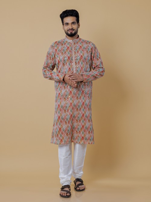 Multi color printed embroidery kurta suit