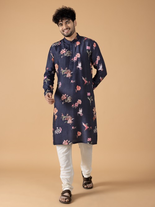 Silk floral printed kurta suit in navy