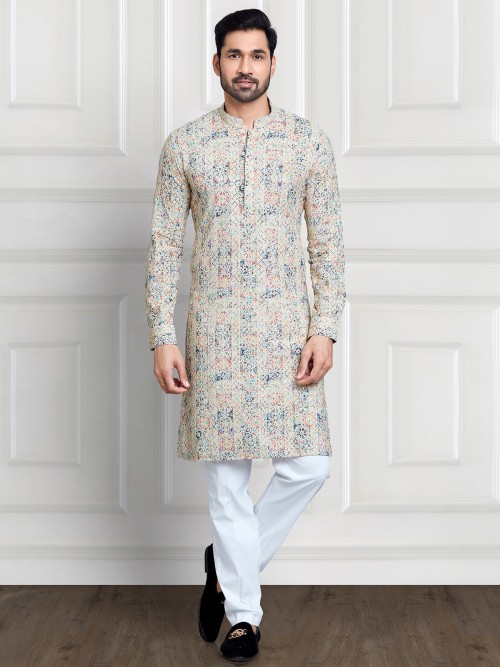 Latest beige printed cotton kurta suit