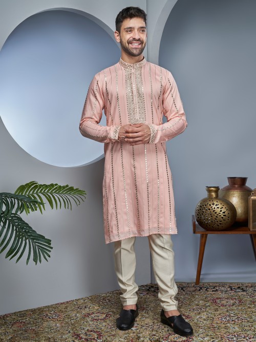 Trendy light peach silk kurta suit