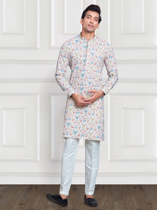 Off white and yellow printed rayon cotton kurta suit