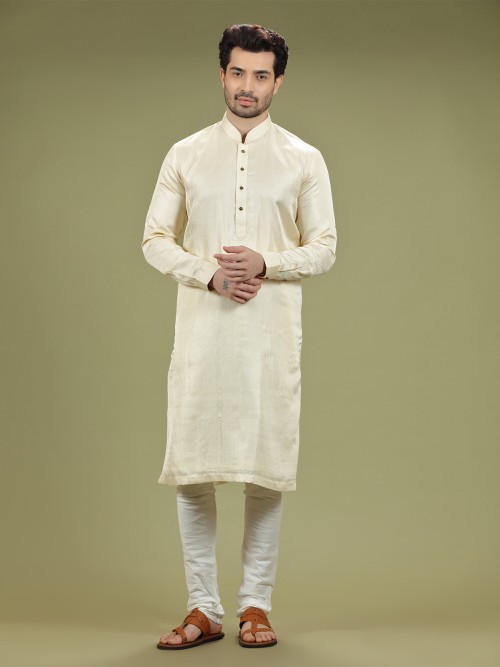 Cream silk plain kurta suit