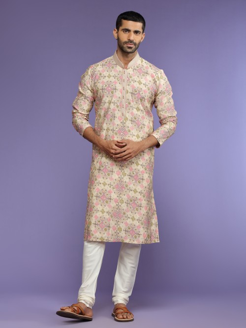 Beige and pink silk printed kurta suit