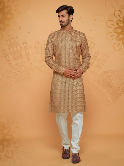 Printed linen cotton kurta suit in beige