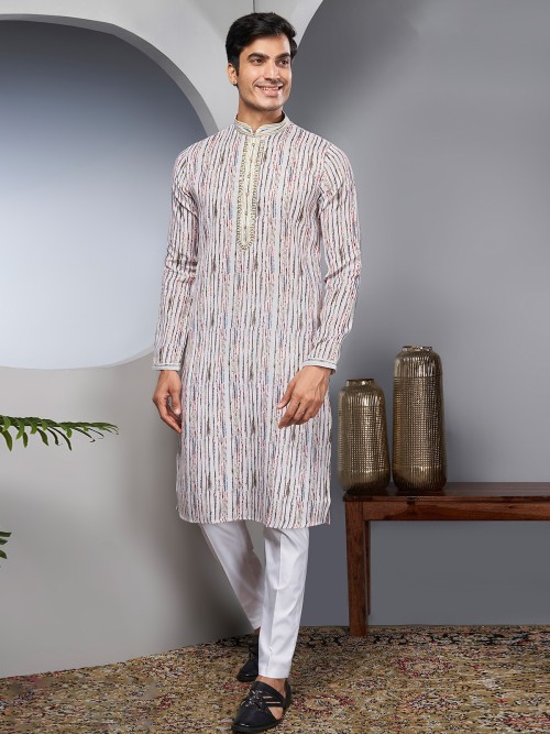 Cream printed festive kurta suit