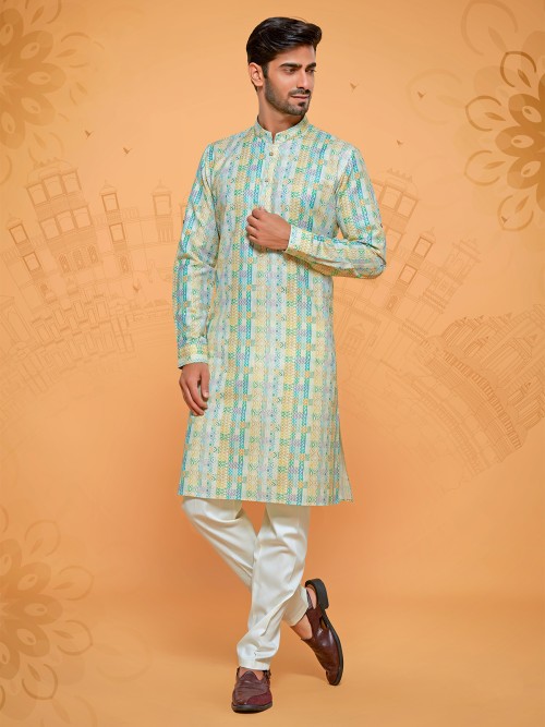 Printed cream and green kurta suit in linen cotton