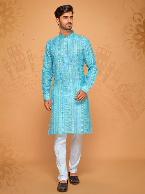 Aqua printed kurta suit in linen cotton