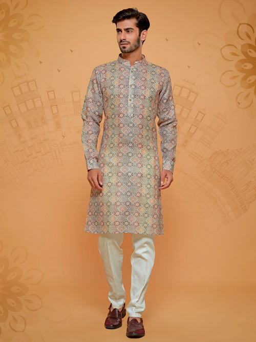 Beige printed kurta suit in linen cotton