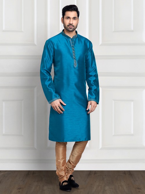 Rama blue cotton silk kurta suit