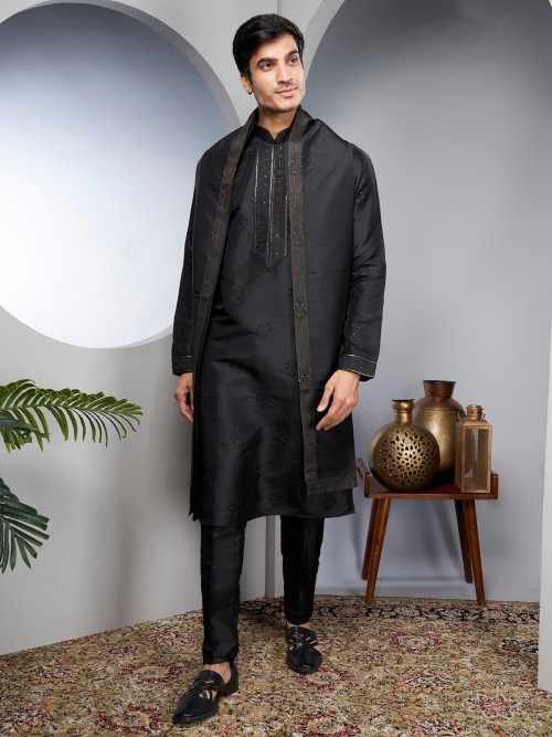 Black raw silk kurta suit