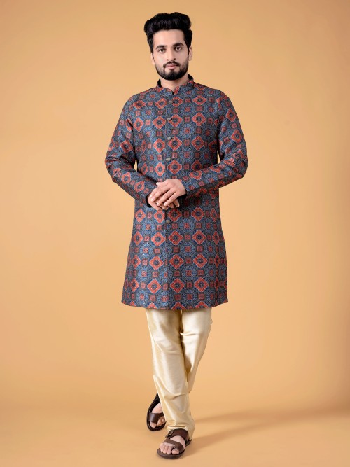 Royal blue silk kurta suit in printed