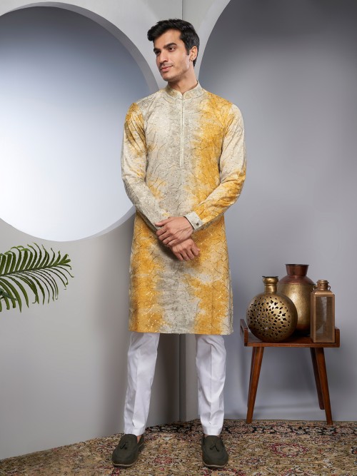 Silk kurta suit in beige and yellow