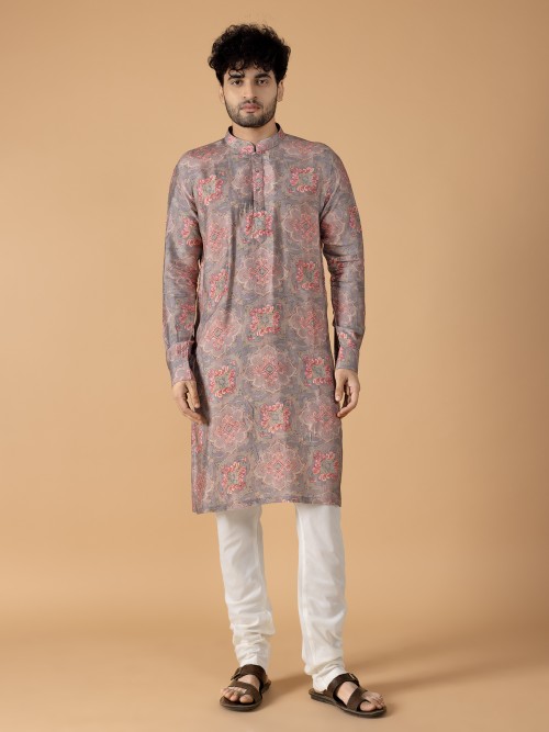 Latest Printed grey silk kurta suit for festive