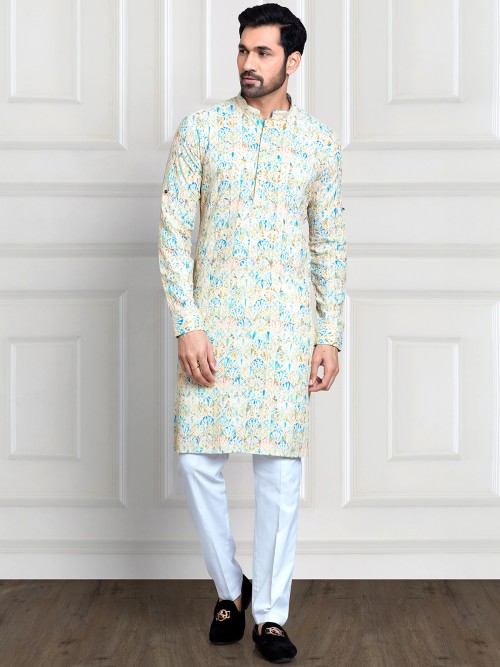 Sky blue and light yellow printed kurta suit