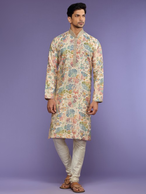Cream printed kurta suit in silk