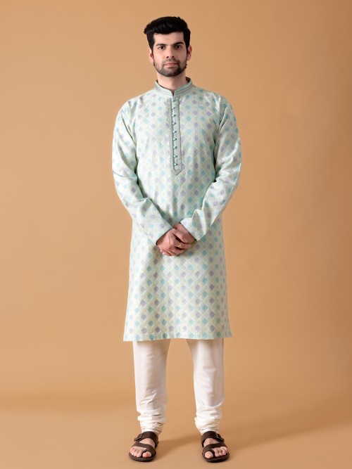 Pista green printed silk kurta suit