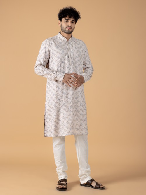 Latest printed off white cotton kurta suit