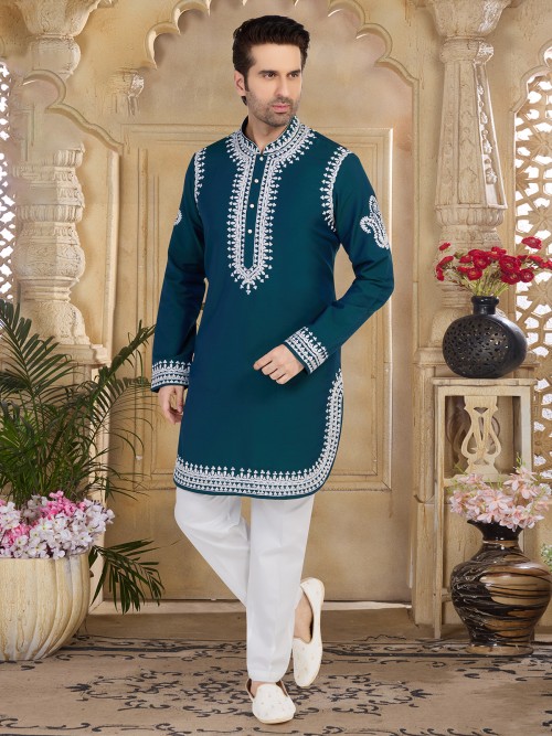 Silk rama blue kurta suit for festive