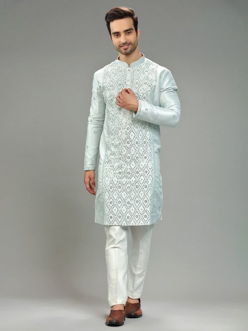 Embroidery light blue silk kurta suit