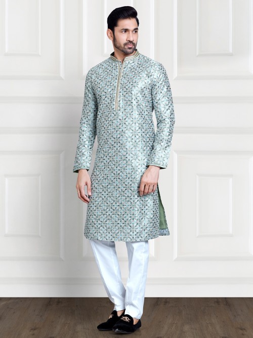 Newest mint green printed silk kurta suit