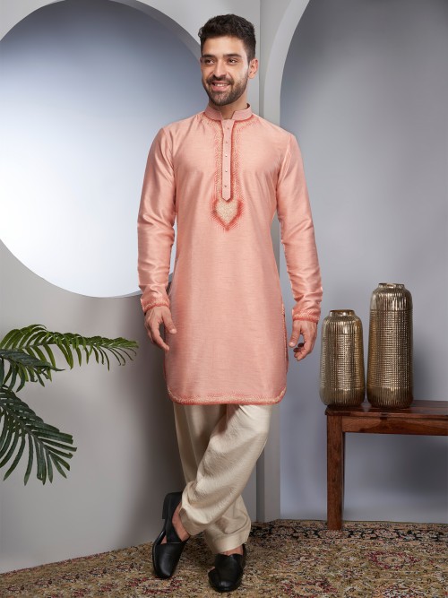Trendy peach raw silk kurta suit