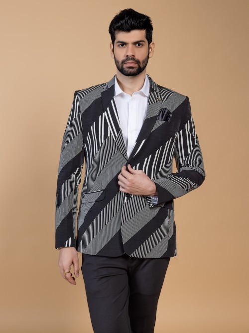 Trendy terry rayon stripe black blazer