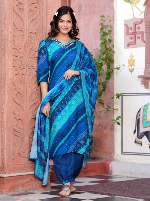 Latest silk printed kurti set in blue