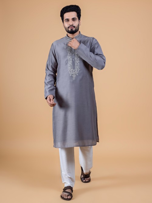Cotton silk grey festive kurta suit
