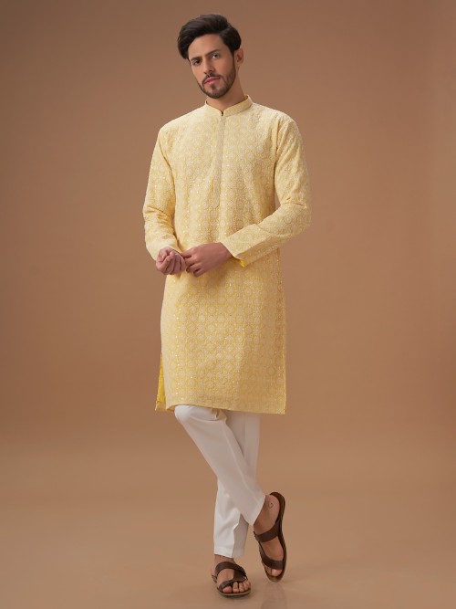 Trendy light yellow kurta suit for festive