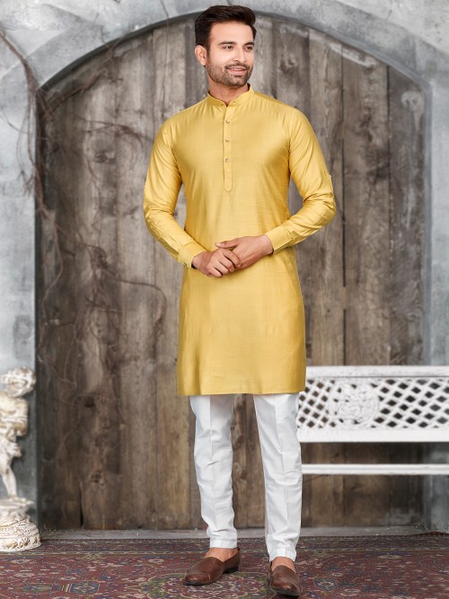 Yellow silk plain kurta suit