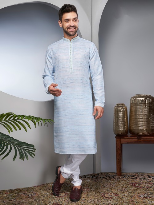 Printed linen cotton kurta suit in light blue